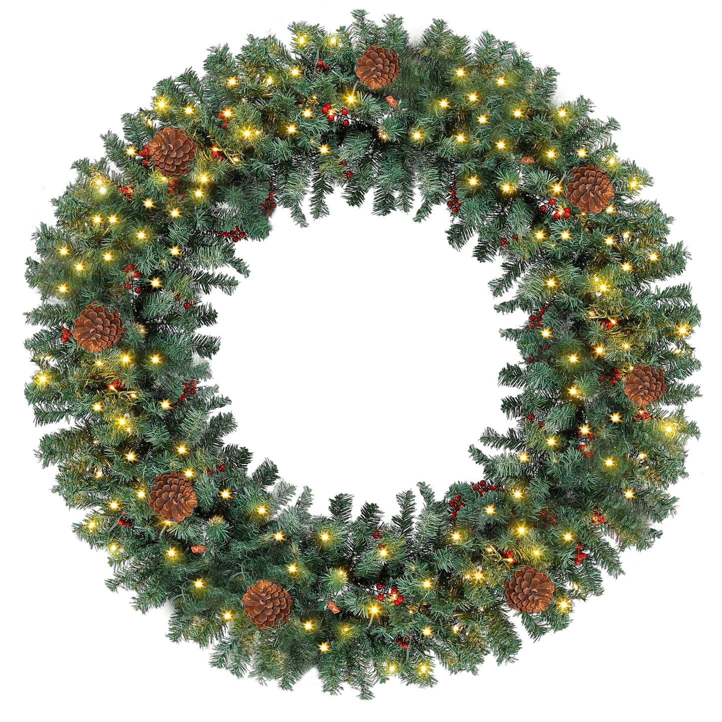 Prelit Christmas Wreath 60 Inches Large Outdoor Christmas Wreath 220 Warm White LED Lights, Artificial Lighted Christmas Wreath Winter Wreath with 630 PVC Tips Vivid Pine Cones and Berry Clusters