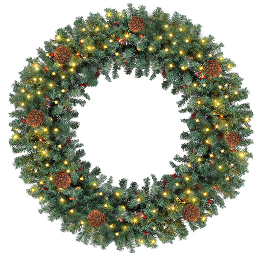 Prelit Christmas Wreath 60 Inches Large Outdoor Christmas Wreath 220 Warm White LED Lights, Artificial Lighted Christmas Wreath Winter Wreath with 630 PVC Tips Vivid Pine Cones and Berry Clusters