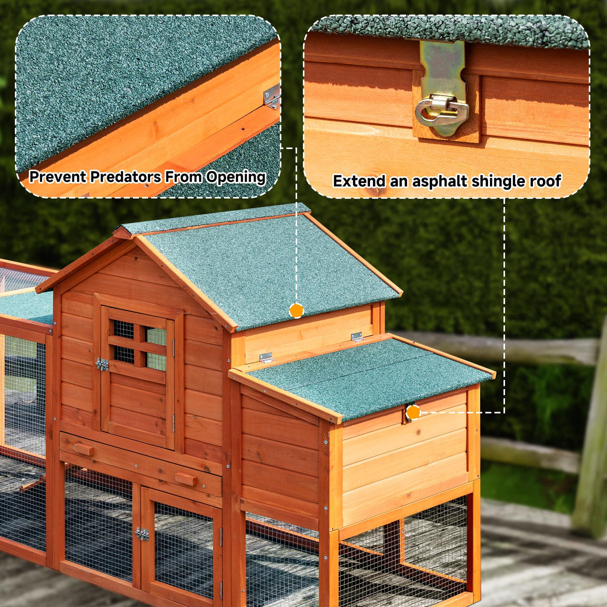 GARWOOD Large Wooden Chicken Coop Outdoor Big Hen House Poultry Pet Duck Hutch with Run Cage Nesting Box Waterproof Asphalt Roof Ramp Removable Tray Wire Fence for Backyard Small Animals 79" Brown GARWOOD