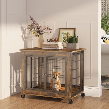 31.5Inch Dog Crate Furniture, Heavy Duty Wooden Dog Kennel,Indoor Pets Furniture Style End Table Dog Cage (31.5Inch Rustic Brown) LUKYRA