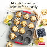 GoodCook MegaGrip 12-Cup Nonstick Steel Cupcake and Muffin Pan with Silicone Grip Handles, Gray GoodCook