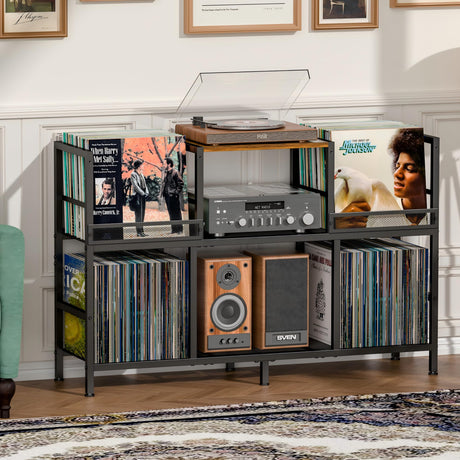 Record Player Stand, Turntable Stand with 3-Compartment Vinyl Storage Cabinet, Holds 300+ Albums, Sturdy Record Player Table for Living Room & Music Room Sonyabecca