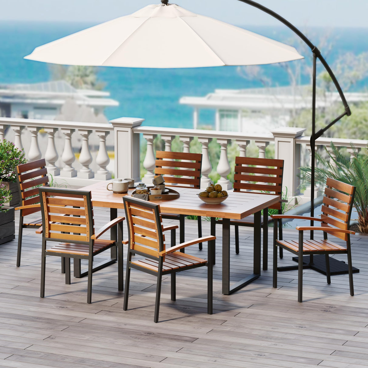WiberWi 7 Piece Outdoor Dining Set for 6, Acacia Wood 59.1" Patio Table and Chairs Set with Metal Frame, Patio Dining Furniture Set for Garden, Balcony, Backyard, Poolside, Brown & Black WiberWi