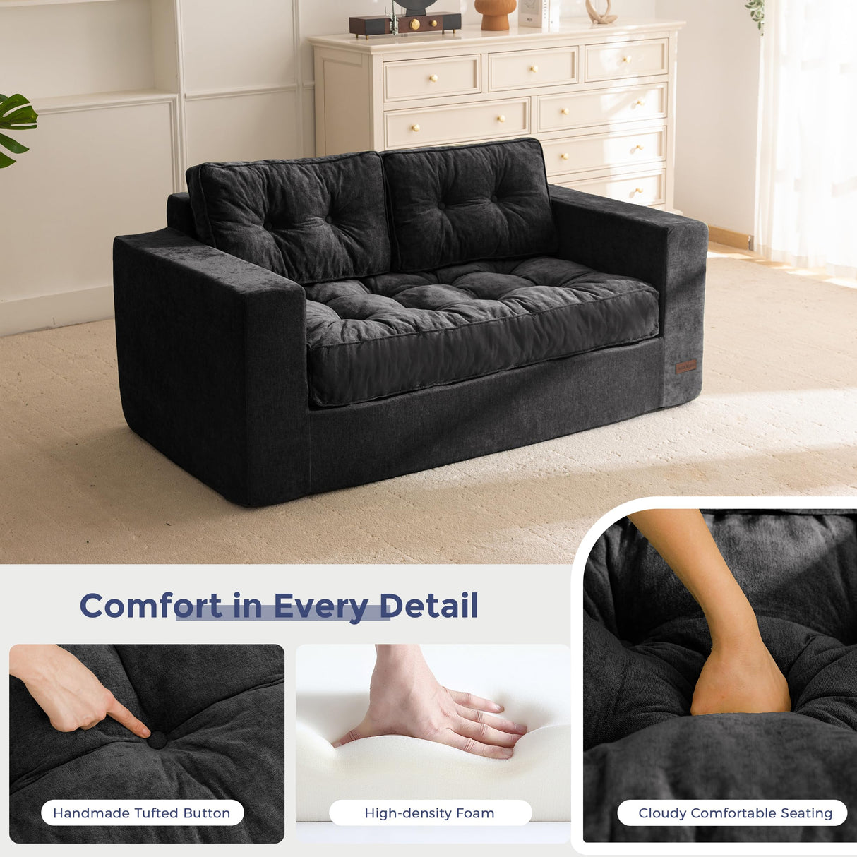 MAXYOYO Boneless Sofa Couch, Loveseat Sofa for Small Space, Tufted 2-Seater Floor Couch Bean Bag Chair for Living Room Bedroom Apartment, Sofa in a Box, No Assembly Needed, Black MAXYOYO