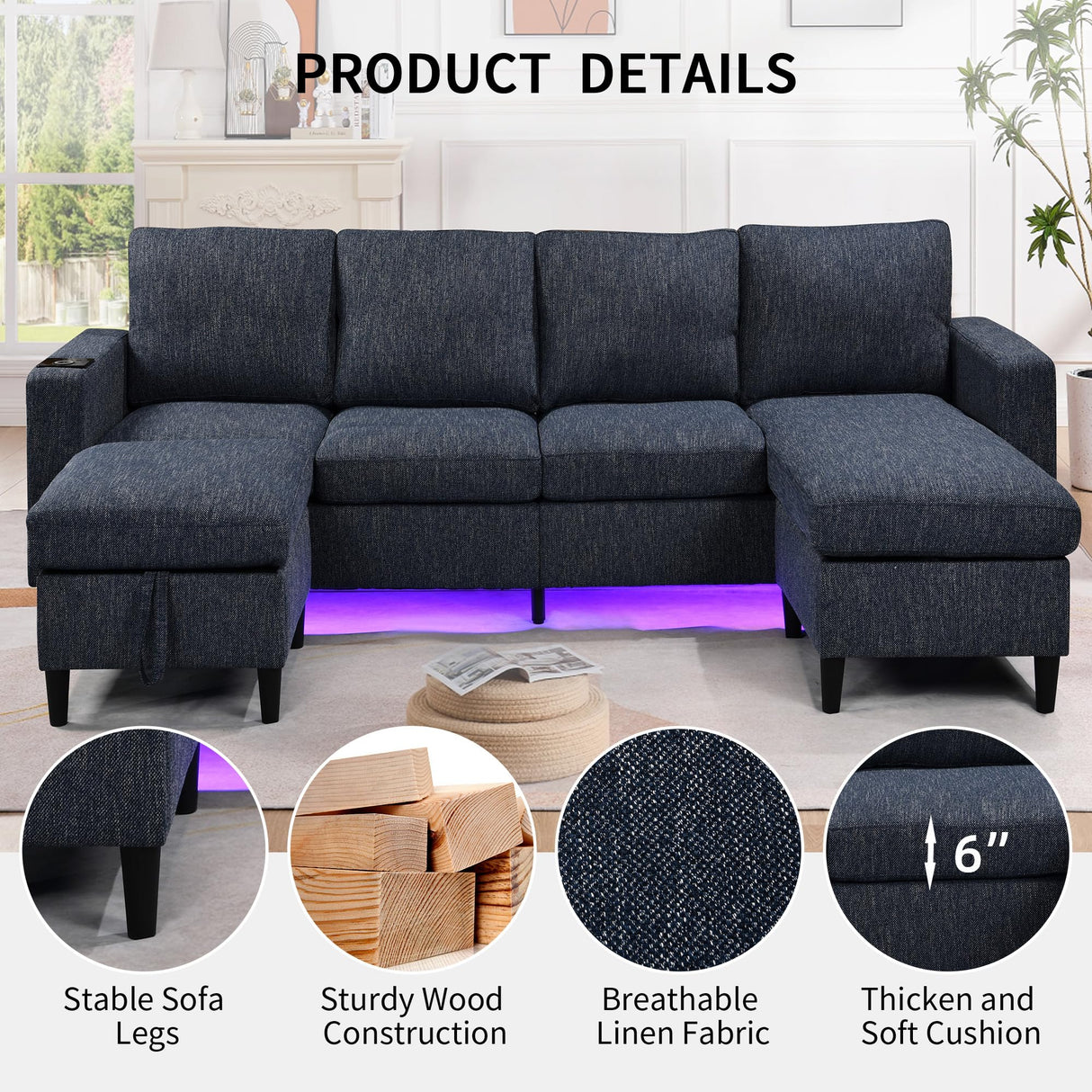 Sectional Couches for Living Room, 6 Seat Sectional Sofa Couch with Smart Module-Wireless Charging/USB/Type-C/RGB Light, U Shaped Thick Linen Modular Couch with Chaise Lounge/Storage Ottoman (Blue) NicoHali