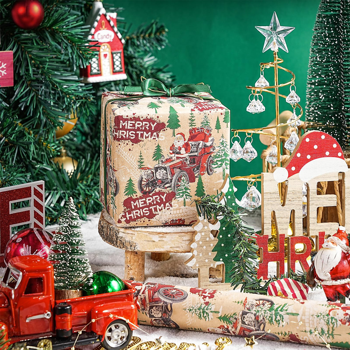LeZakaa Kraft Christmas Wrapping Paper Roll, Santa Driving Vintage Red Car with Christmas Trees, Rustic Holiday Gift Wrap for Men Adults Kids, Xmas Winter Wonderland, Mini Roll 17 in x 16.4 Ft LeZakaa