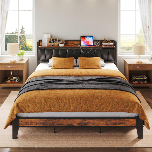 California King Bed Frame with Storage Headboard and Charging Station by LIKIMIO - Vintage Brown and Black - WoodArtSupply