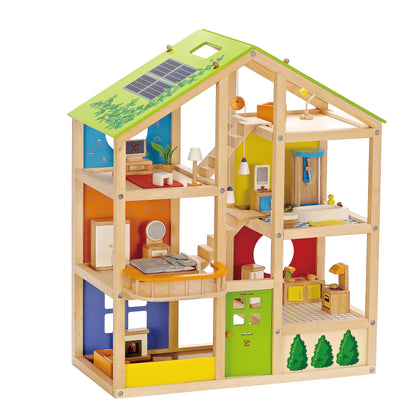 All Seasons Kids Wooden Dollhouse by Hape | Award Winning 3 Story Dolls House Toy with Furniture, Accessories, Movable Stairs and Reversible Season Theme L: 23.6, W: 11.8, H: 28.9 inch - WoodArtSupply