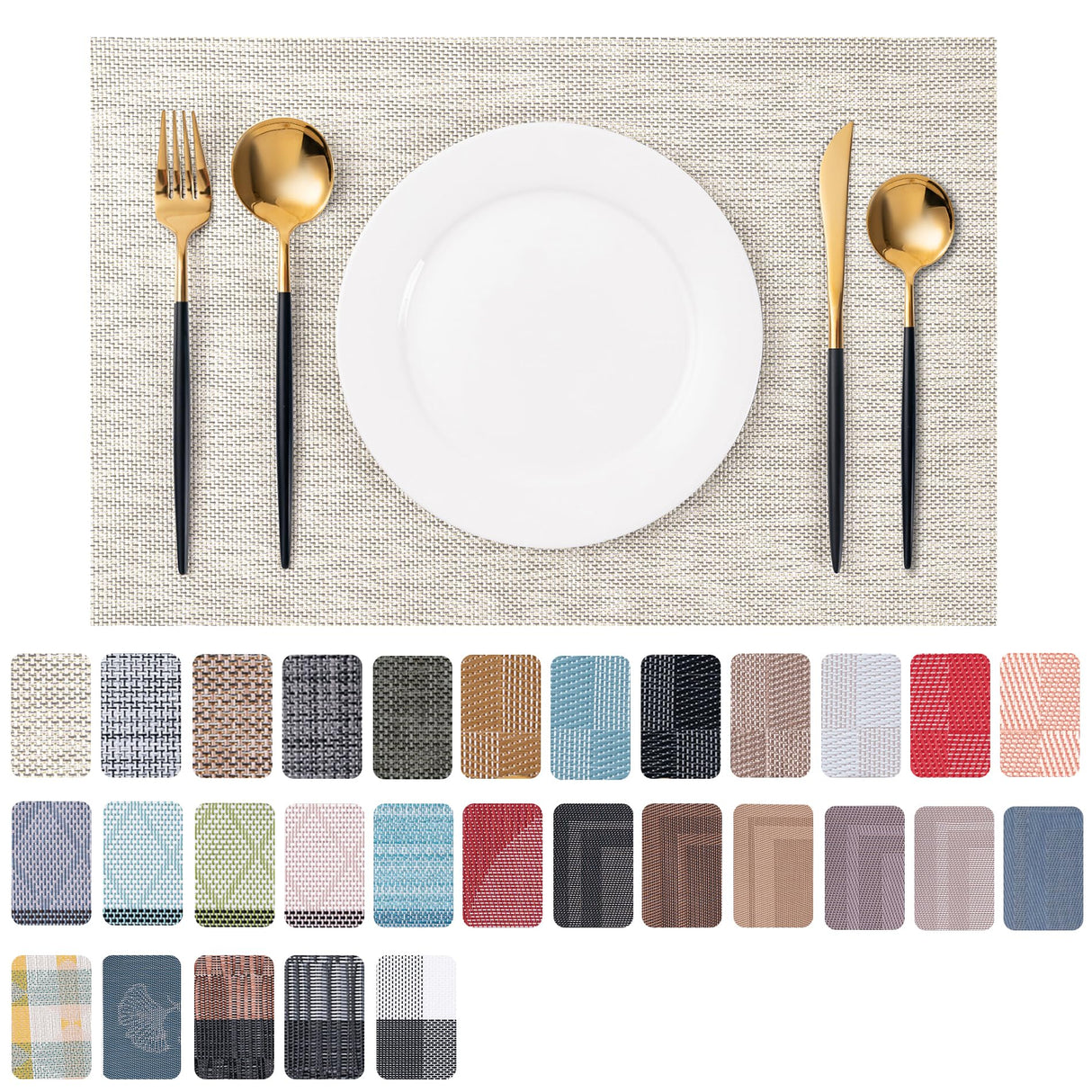 CADONO Placemats Set of 4 Washable Indoor/Outdoor Vinyl Place Mats for Dining Table Durable Non-Slip Heat Resistant PVC Weave Table Mats（Beige） CADONO