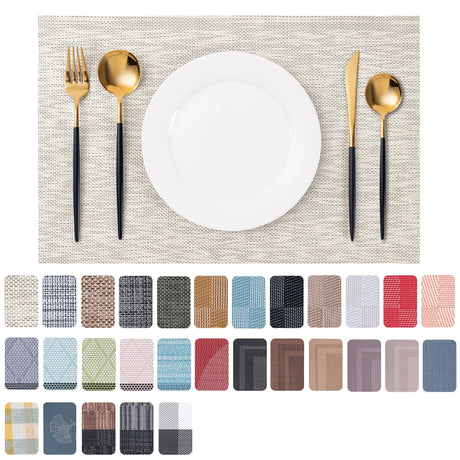 CADONO Placemats Set of 4 Washable Indoor/Outdoor Vinyl Place Mats for Dining Table Durable Non-Slip Heat Resistant PVC Weave Table Mats（Beige） CADONO