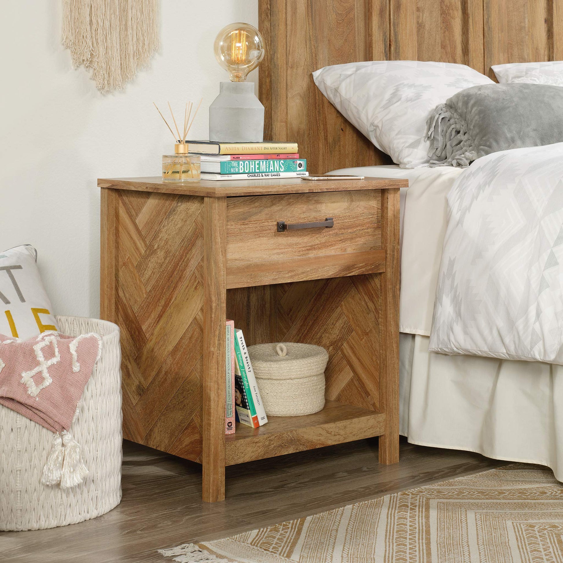 Sauder Cannery Bridge Nightstand, L: 22.13" x W: 17.56" x H: 25.71", Sindoori Mango finish - WoodArtSupply