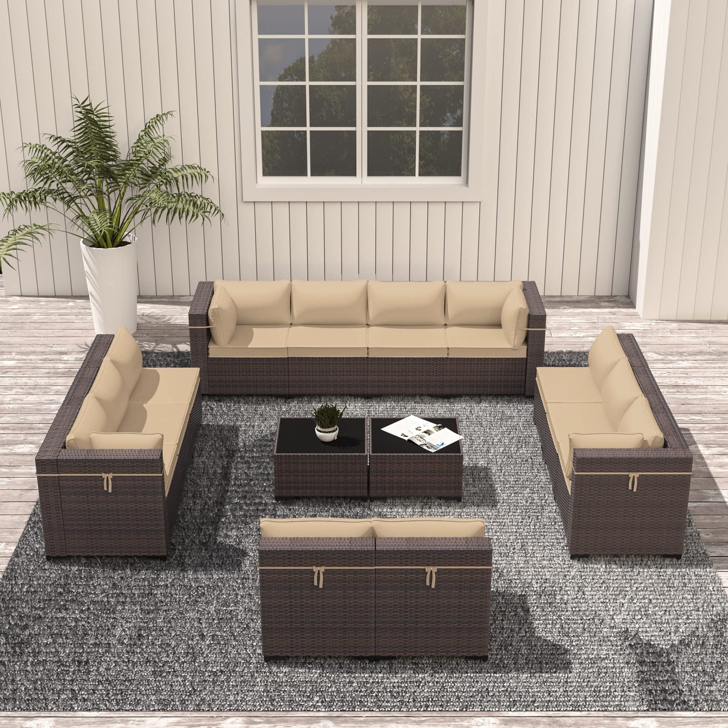 ASJMR Outdoor Patio Furniture Set, 14 Pieces Outdoor Sectional Furniture Patio Sofa, All-Weather PE Rattan Patio Conversation Set with Tempered Glass Top Table & Cushions(Brown).