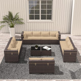 ASJMR Outdoor Patio Furniture Set, 14 Pieces Outdoor Sectional Furniture Patio Sofa, All-Weather PE Rattan Patio Conversation Set with Tempered Glass Top Table & Cushions(Brown). ASJMR