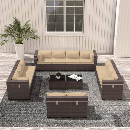 ASJMR Outdoor Patio Furniture Set, 14 Pieces Outdoor Sectional Furniture Patio Sofa, All-Weather PE Rattan Patio Conversation Set with Tempered Glass Top Table & Cushions(Brown).