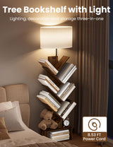 TabHolderix 6 Tier Tree Bookshelf with Light, Corner Tall Narrow Bookshelf, Small Bookcase with Storage Cabinet,Floor Standing Bookshelves Organizer for Bedroom/Living Room/Home Office, Rustic Brown TabHolderix