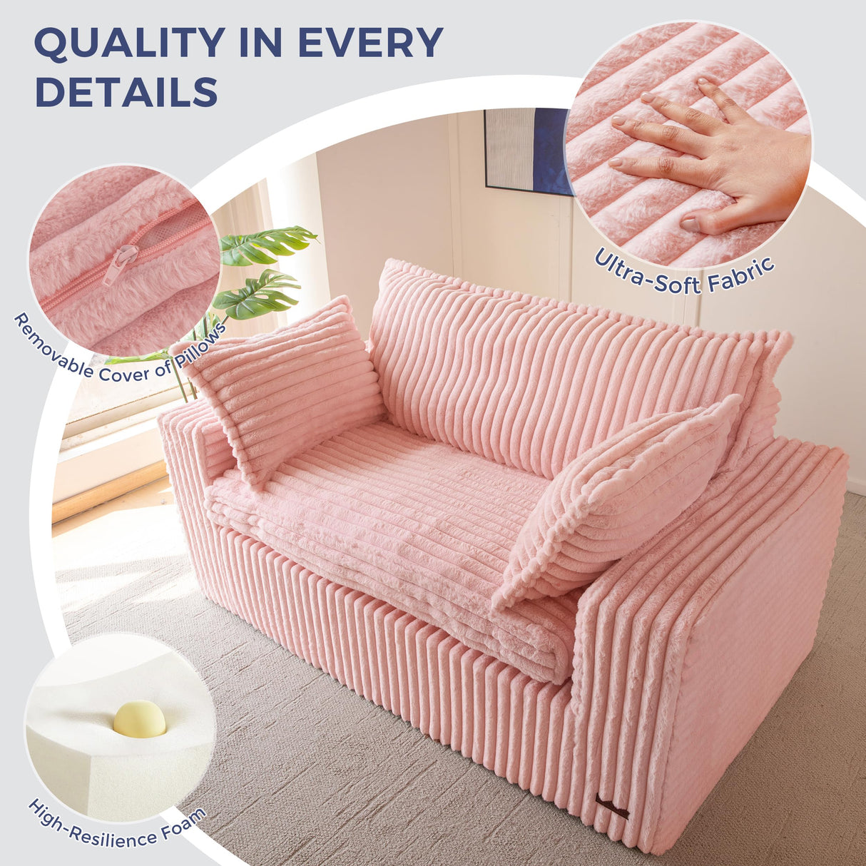 MAXYOYO Bean Bag Chair for Living Room, Upholstered Loveseat Sofa Couch with Deep Seating, Wide Armrests Boneless Couch Sofa in a Box for Bedroom Office Apartment, No Assembly, Pink MAXYOYO
