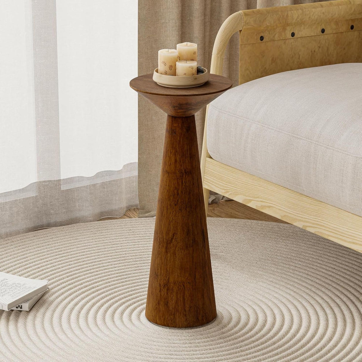 COZAYH 22.8” Tall Round Martini End Table, Walnut – Solid Pine Wood Pedestal Accent Drink Stand with Tapered Base – Farmhouse Modern Furniture for Living Room, Bedroom & Small Spaces COZAYH