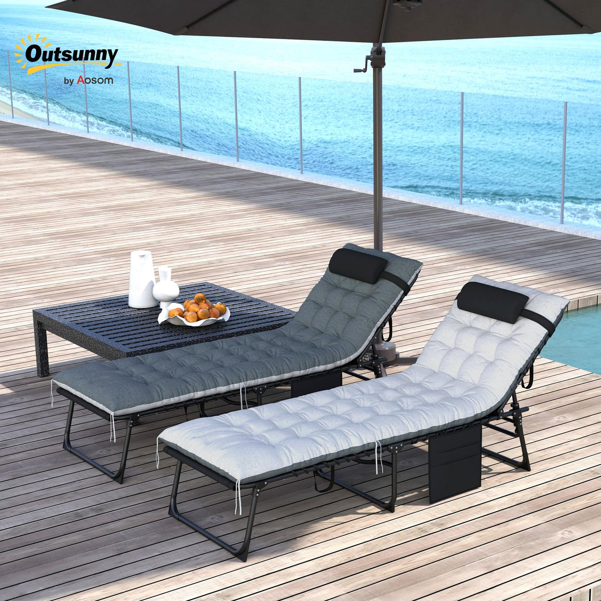 Outsunny Chaise Lounge Chair Outdoor Set of 2, 5-Position Adjustable Outdoor Pool Lounge Chairs, Folding Tanning Chair Beach Lounger with Cushion, Headrest, Side Pocket for Patio, Yard, Black/Gray Outsunny
