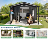 AMERLIFE 10x16.6x7.3 FT Metal Storage Shed with Lounge Area, Sliding Doors, 2 4-Pane Windows & Vents, Outdoor Tool Shed for Garden & Backyard, Heavy-Duty Weather-Resistant Steel, Dark Gray AMERLIFE