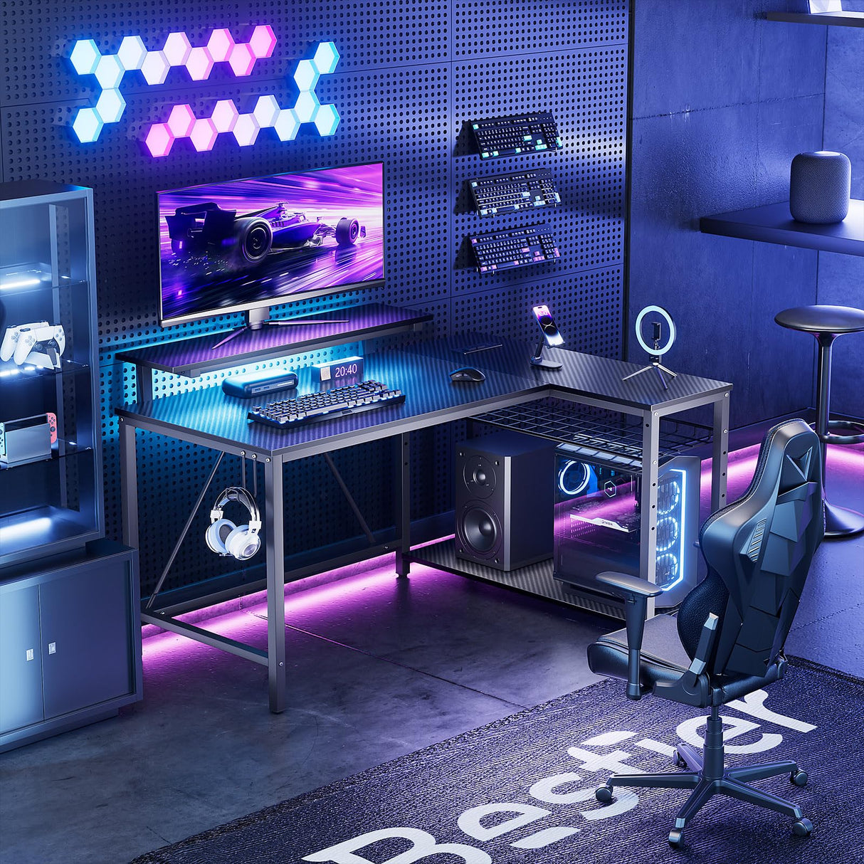 Bestier Gaming Desk with Power Outlets, 42" L-Shaped Gaming Desk with LED Lights, Desk with Reversible Storage Shelves & Hooks for Small Spaces, Bedrooms & Offices, Black Carbon Fiber Bestier