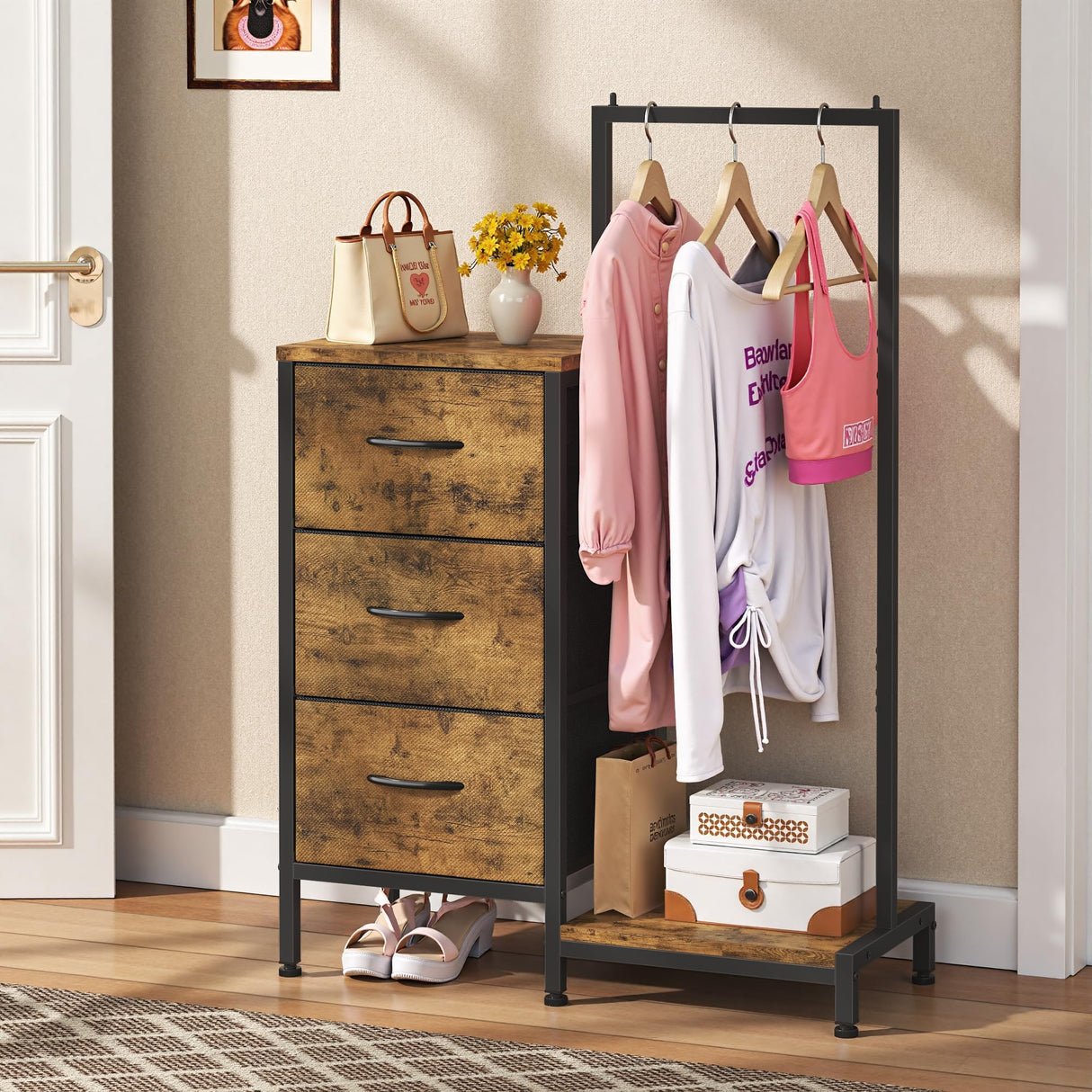 AFLUI Dresser for Bedroom with Hanging Rack, 3 Drawers Dresser for Bedroom - Rustic Brown AFLUI