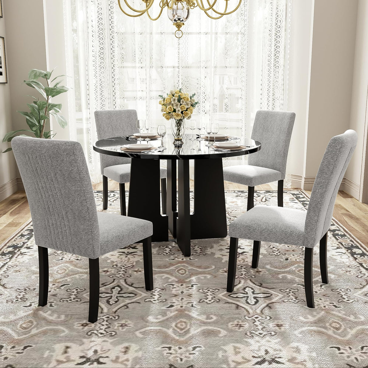 Merax 5-Piece Round Dining Table Set, Modern 4 Upholstered Chairs for Living,Kitchen Room, 43 Inch, Grey+Black Merax