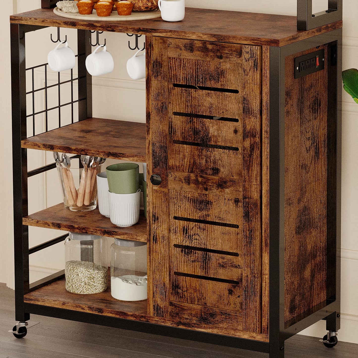 IRONCK Vintage Brown Bakers Rack with Power Outlets, Wheels, and Storage Cabinet - WoodArtSupply