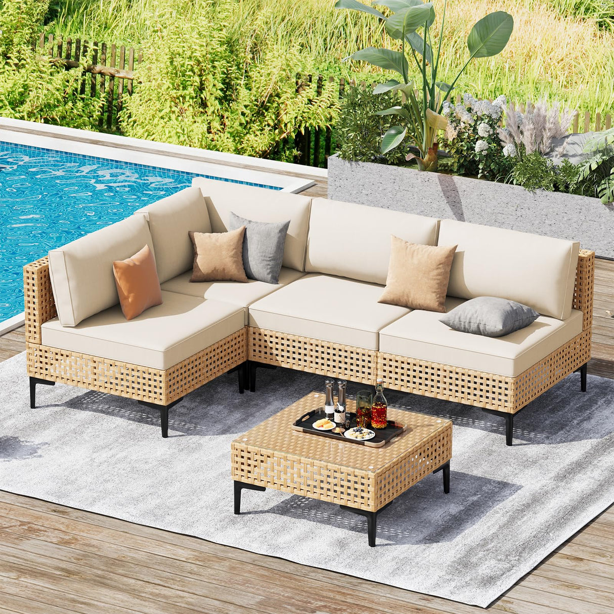 ABCASA Patio Furniture Set, 5-Piece Wicker Outdoor Patio Furniture Sets with Coffee Table,Boho Patio Conversation Set Sectional Sofa with All-Weather Cushions for Backyard,Porch,Beige ABCASA