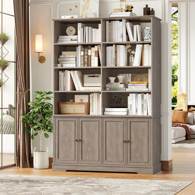 FINETONES 73" Tall Bookshelf with Doors, 6-Tier Bookshelf Double Wide Bookcases and Bookshelves with Storage, Tall Book Shelf Large Bookcase Standing Book Cabinet for Home Office, Vintage Grey