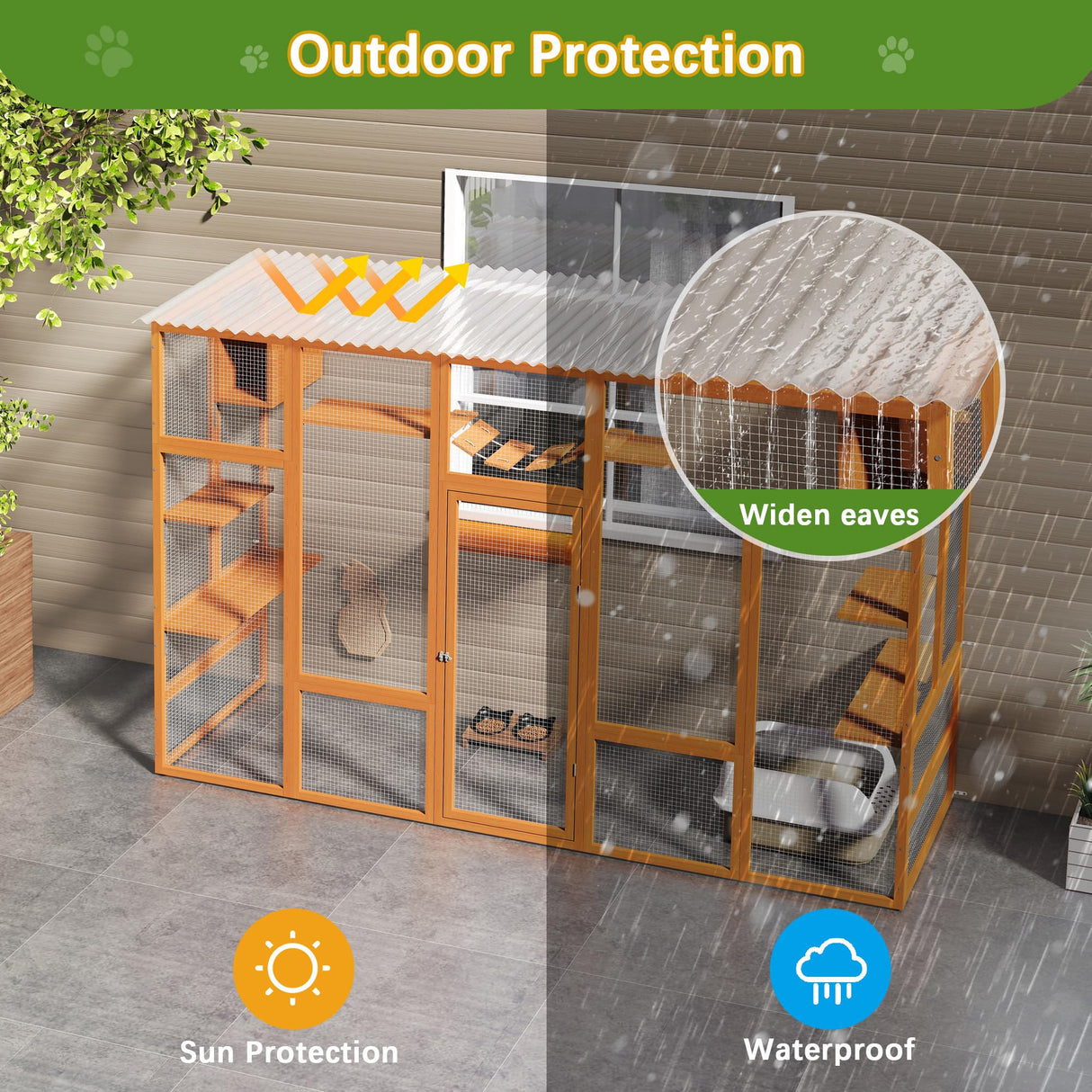 104" L Catio Outdoor Cat Enclosure Window, Wooden Walk-in Expandable Outdoor Large Cat Cattery for Multiple Kitties, Weatherpoof, Orange COZIVVOVV