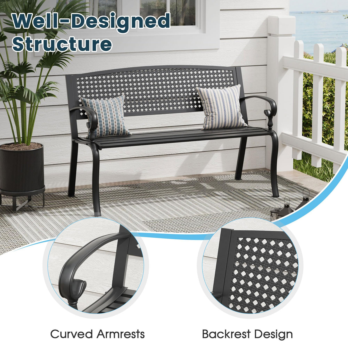 VOXBIN Outdoor Bench, 50 inches Metal Garden Bench, Cast Iron Steel Frame Patio Chairs w/Twist Circle Pattern Backrest for Park, Yard, Porch, Lawn, Balcony, Backyard, Black VOXBIN