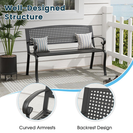 VOXBIN Outdoor Bench, 50 inches Metal Garden Bench, Cast Iron Steel Frame Patio Chairs w/Twist Circle Pattern Backrest for Park, Yard, Porch, Lawn, Balcony, Backyard, Black VOXBIN