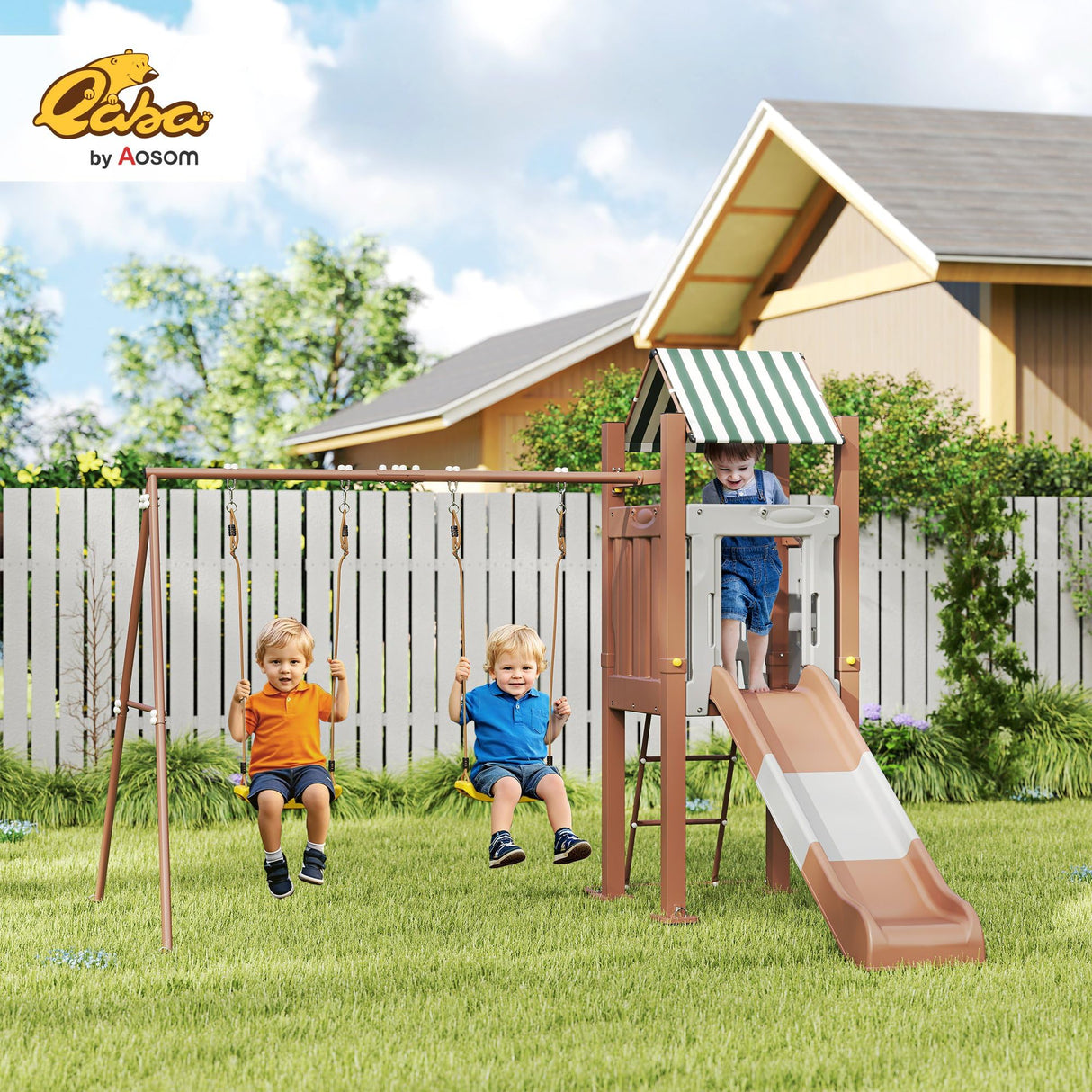 Qaba Kids Swing Set for Backyard, Playground Set with 6 FT Slide, 2 Adjustable Swings, Fort with Canopy, Ladder, Outdoor Playset with Ground Stakes for Ages 3-8, Brown Qaba