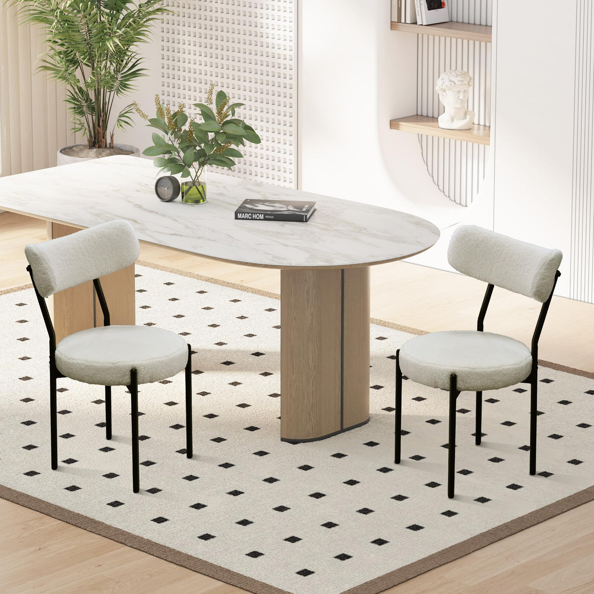 Orweiin Boucle Dining Chairs Set of 4, Upholstered Dining Chairs with Curved Backrest, Round Modern Dining Chair with Black Metal Legs for Dining Room, Vanity, White Orweiin