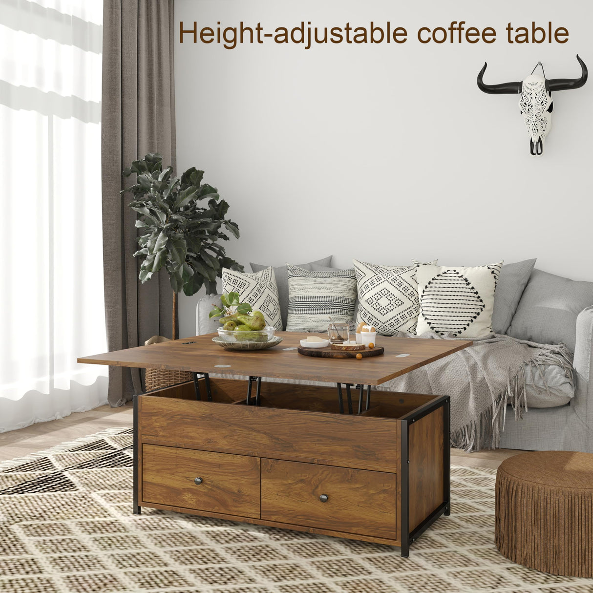 Manora Multi-Functional Lift-Top Coffee Table Convertible to Dining Table or Workstation, Rustic Wood Center Table with Hidden Storage, Compact Design for Living Room or Home Office, Rustic Brown Manora