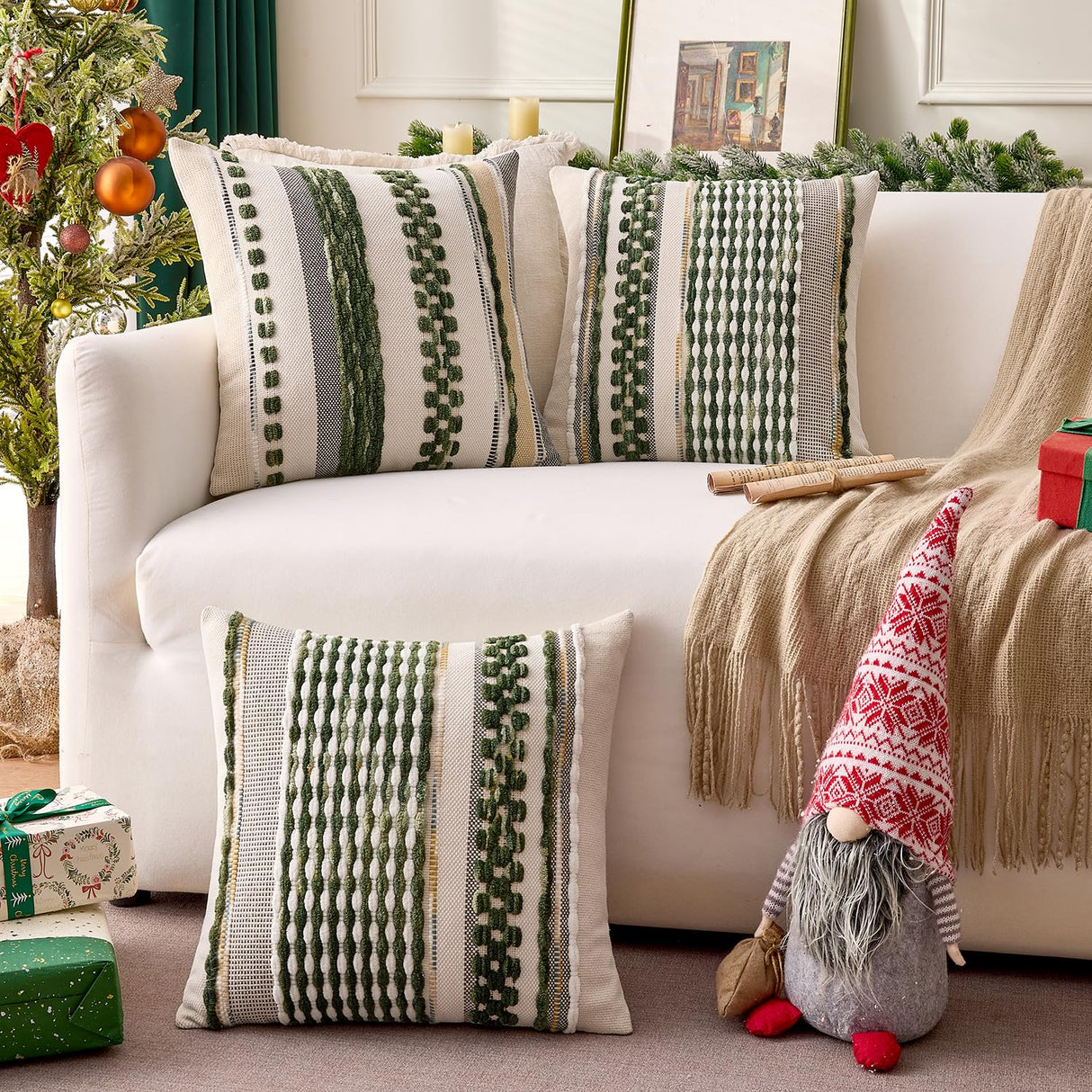 ANRODUO Pack of 2 Boho Decorative Throw Pillow Covers 18x18 Farmhouse Cushion Case Striped Chenille Pillow Cases Square Pillow Covers Accent Neutral Pillowcase for Sofa Couch Bed, Olive Green Stripe ANRODUO