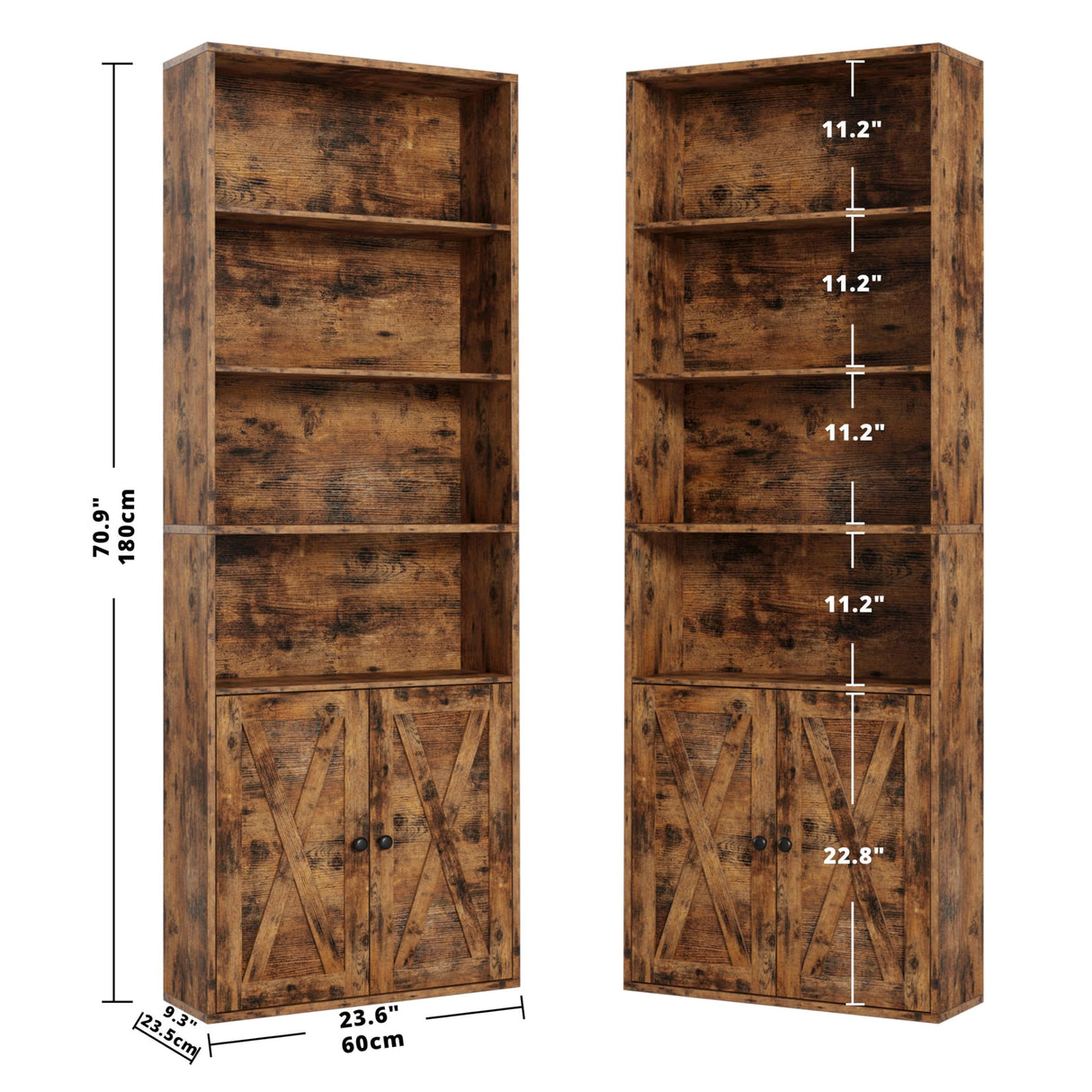 IRONCK Industrial Bookshelves and Bookcases with Doors Set of Two Floor Standing 6 Shelf Display Storage Shelves 70 in Tall Bookcase for Home Office, Living Room IRONCK