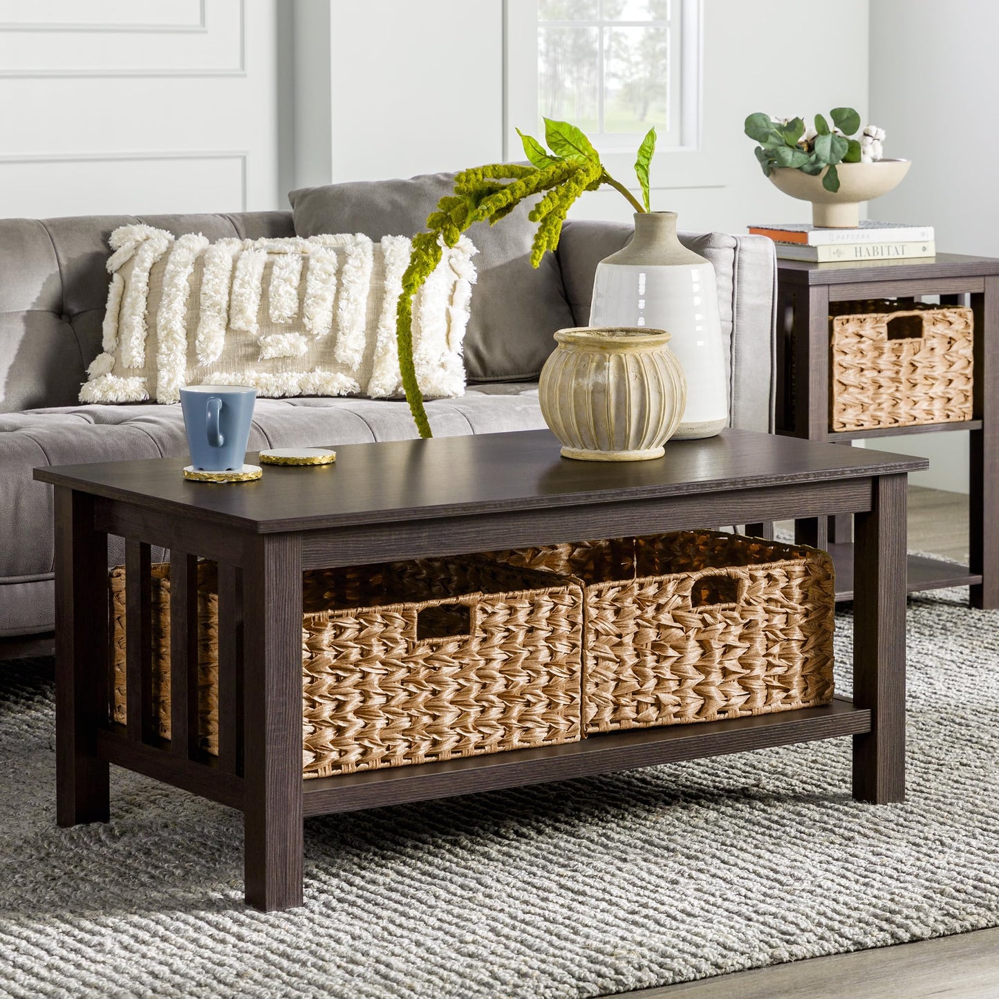 Walker Edison Alayna Mission Style Two Tier Coffee Table with Rattan Storage Baskets, 40 Inch, Espresso - WoodArtSupply