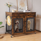 43" Large Dog Crate Furniture, Wood Dog Kennel End Table with Drawers, Decorative Pet Crate with Removable Partitions & Wheels, Dog House Indoor for Large/Medium/Small Dogs Sunnibety