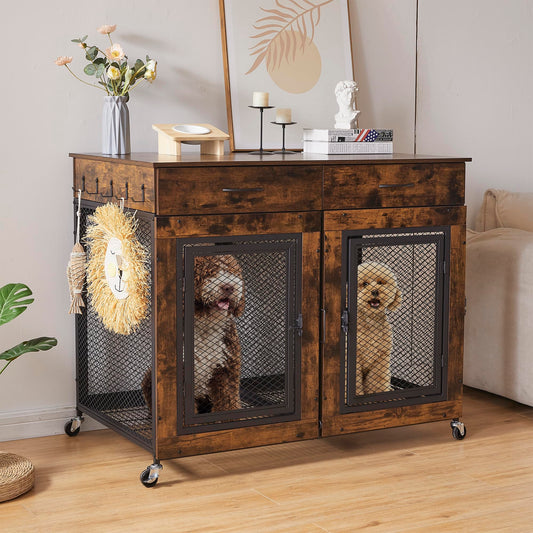 43" Large Dog Crate Furniture, Wood Dog Kennel End Table with Drawers, Decorative Pet Crate with Removable Partitions & Wheels, Dog House Indoor for Large/Medium/Small Dogs