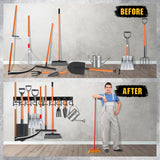 ELEAD 68'' All Metal Adjustable Garden Tool Organizer: Garage Tool Organizer Wall Mount with Black Garage Hooks, Garage Organizers and Storage, Tool Organizer for Broom Rake Holder Shovel ELEAD