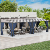 RTDTD 10' x 28' Gazebo，Hard Top Lean to Gazebo Wall Mount Heavy Hardtop Gazebo Outdoor Pergola with Curtains and Netting for Patio Garden Lawn Backyard Deck (Navy) RTDTD