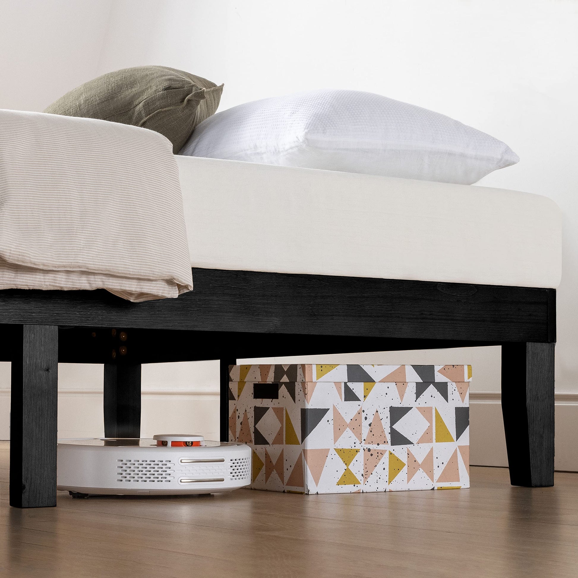 Mellow Naturalista Classic 12 Inch Solid Wood Platform Bed with Wooden Slats, Queen, Black - WoodArtSupply