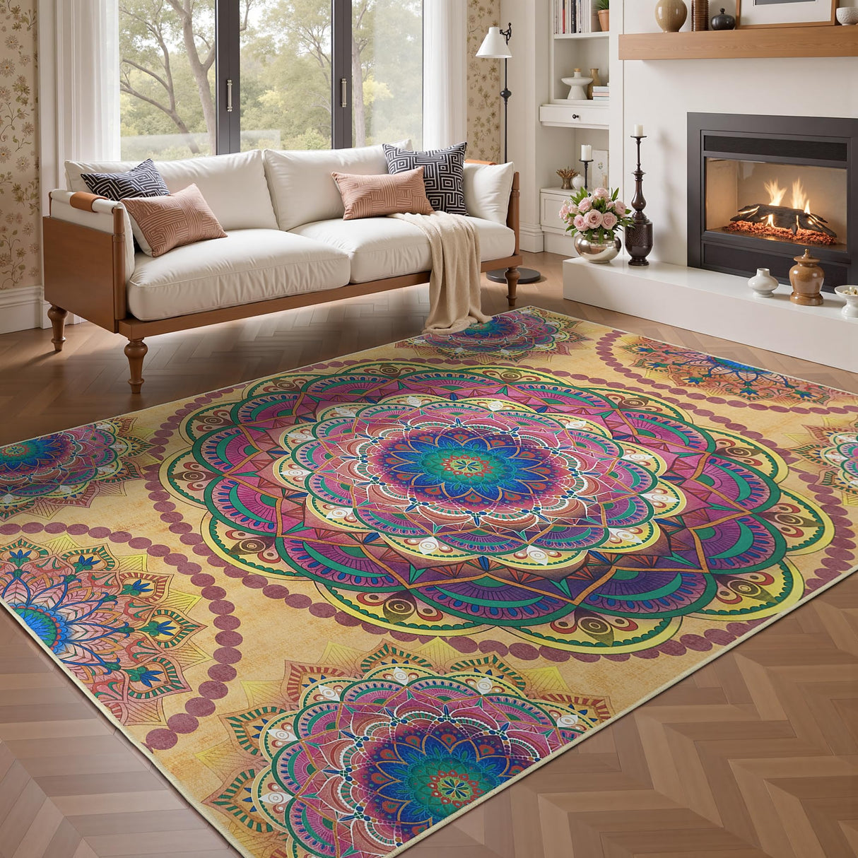 Arenarug Meditation Indoor Outdoor Rug 6x9 ft Mandala Pattern Rug Boho Style,Yoga Meditation Mat Picnic Rug for Patio Living Room Porch Garden Deck Backyard Easy to Clean Non Shedding Non-Slip Arenarug