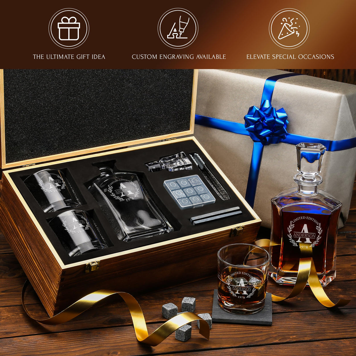 Personalized Whiskey Decanter and Stones Set - Customized Gift for Him - Men, Dad, Father - Engraved Old Fashioned Decanter, Glasses, 9 Granite Stones in Container, Coasters, Tongs in Wooden Gift Box Frolk