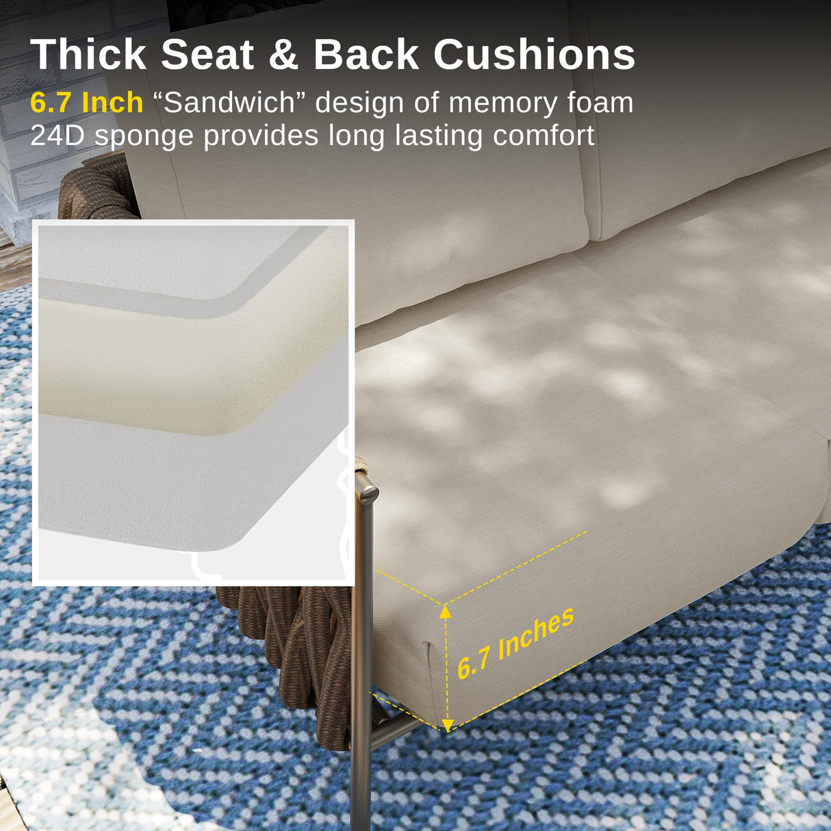 EAST OAK Life Chatter Modern Patio Sofa, 3 Seats with Waterproof Thick Cushions, Deep Seating for Outdoor Garden Porch & Blackyard, Chestnut Brown & Creamy Apricot EAST OAK