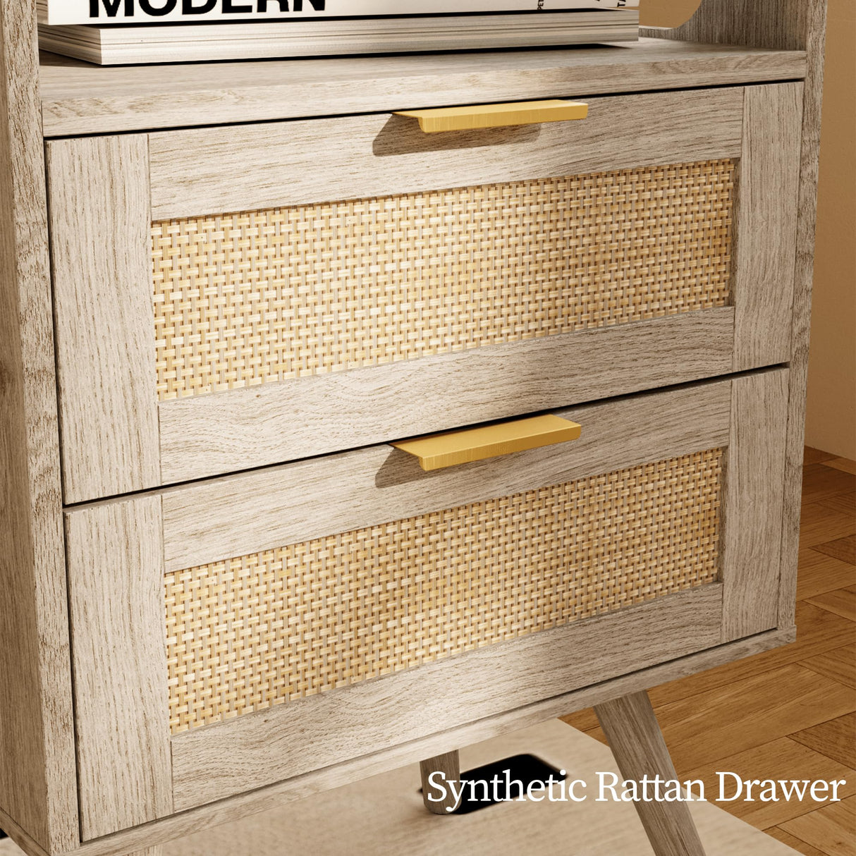 JOONEE Rattan Nightstand with Charging Station,Farmhouse Bedside Table with 2 Storage Drawer and Open Wood Shelf, for Bedroom and Small Spaces,Night Stand with Solid Wood Legs (Grey Oak-Outlet) JOONEE