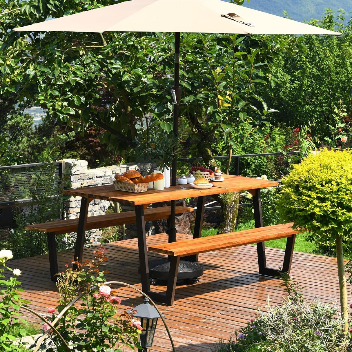 LDAILY Picnic Table, 70’’ x 30’’ Outdoor Wood Dining Table Set with Bench, 2" Umbrella Hole, 1600 LBS Max Load, Metal Frame Picnic Tables for Outdoors 6-8 Persons in Party, Garden, Yard, Patio, Lawn LDAILY