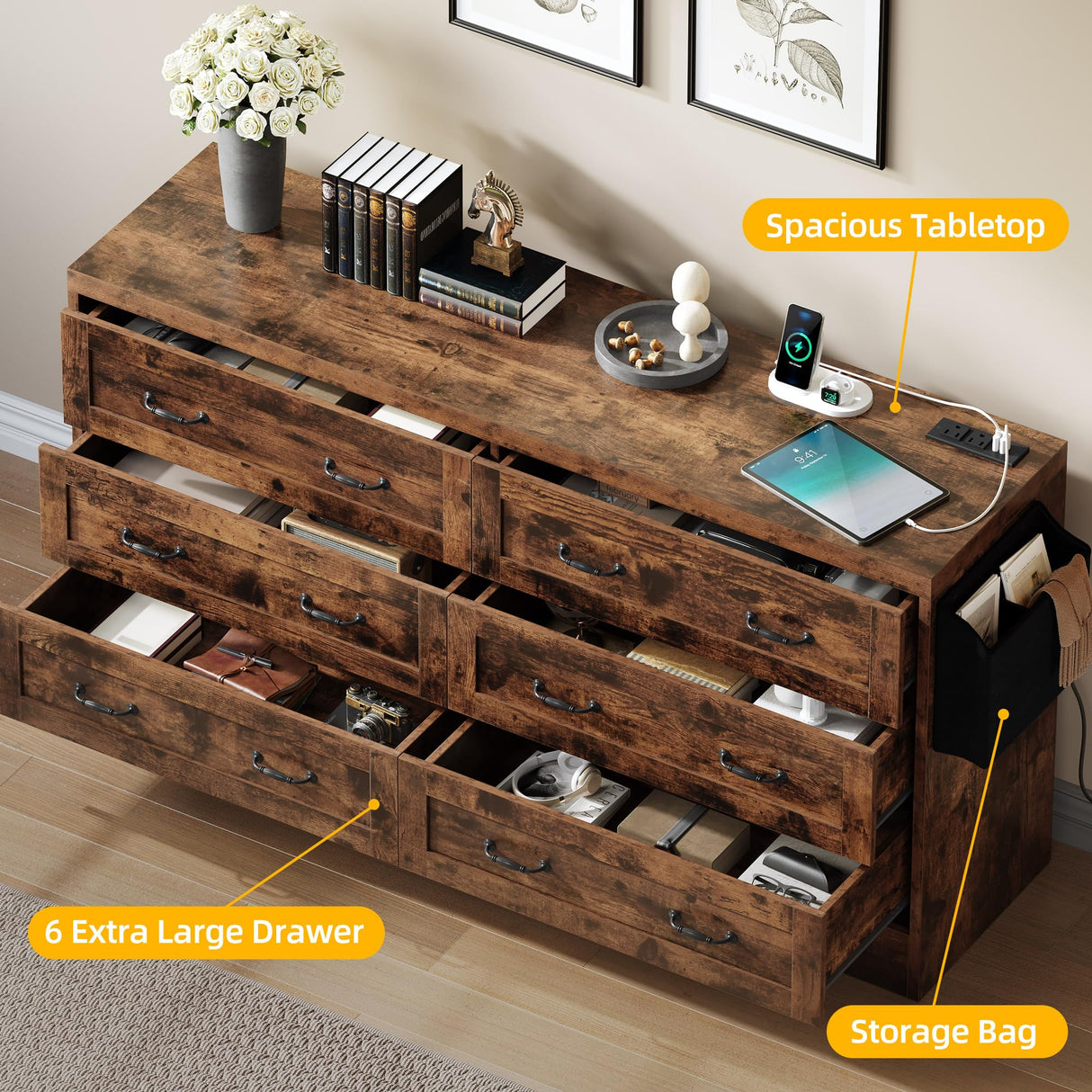 DWVO Farmhouse 6 Drawer Dresser for Bedroom, 60 Inch Large Modern Dresser TV Stand with Large Drawers & Bar Handles, Storage Dressers with Power Outlets, Rustic Wood Chest of Drawers, Rustic Brown DWVO