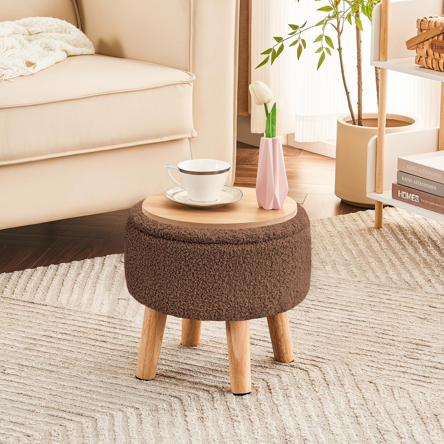 Poofzy Ottoman with Storage, Storage Ottoman, Small Foot Stool Ottoman with Wood Legs, Teddy Velvet Foot Rest for Couch, Living Room and Bedroom - Brown